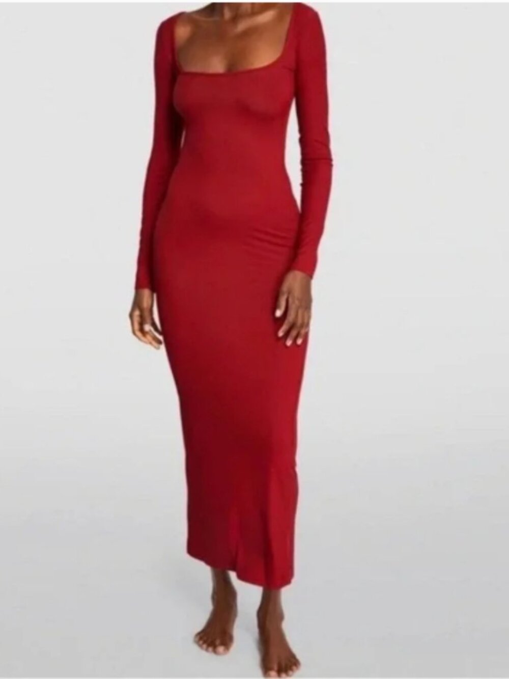 Skims Soft Lounge Long Sleeve Maxi Dress in Brick Ribbed Size M